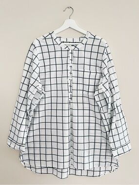 OLD NAVY Black/White Grid Tunic XXL 100 % Cotton Long Sleeve Blouse High/Low PO